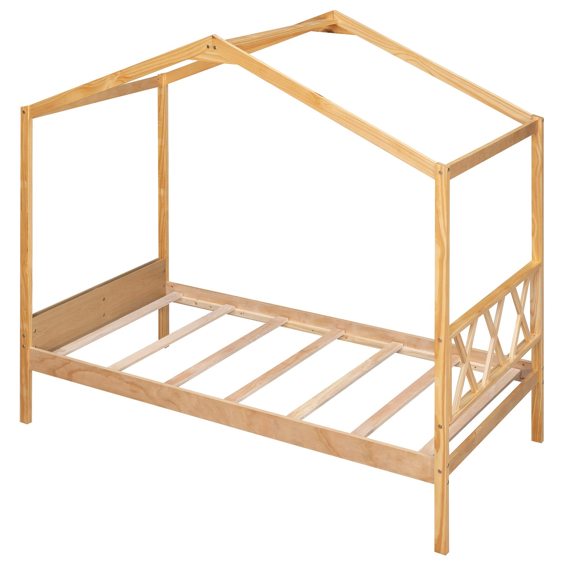 Harper & Bright Designs Natural Twin House Bed with Storage for Kids - WoodArtSupply