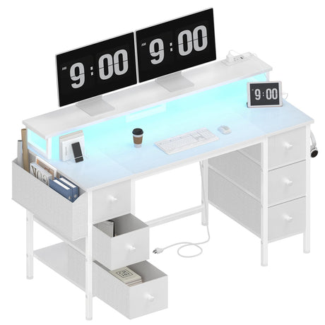Lufeiya White Computer Desk with Fabric Drawers & Storage Shelves, 47 inch Home Office Desk with Monitor Stand, Gaming Desk with LED Lights and Power Outlets, White Lufeiya