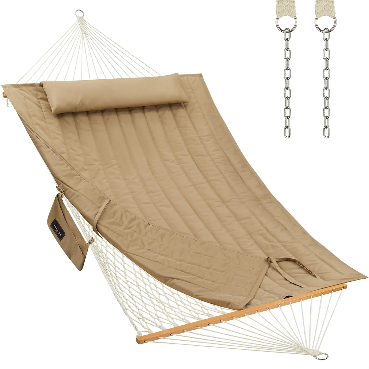 CHULIM Outdoor Double Hammock with Hardwood Spreader Bars, Cotton Rope Hammock with Polyester Pad and Pillow, 475 LBS Capacity 2 Person Hammock, Large Hammock for Patio Backyard Poolside - Tan CHULIM
