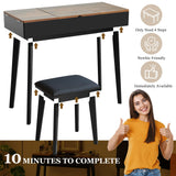 JanflyHome Vanity Desk, Flip Top Makeup Vanity Table with Power Outlet, Makeup Vanity Desk with Mirror & LED Light, Rustic Vanity Set with Cushioning Stool, Vintage Vanity for Bedroom, Black Brown JanflyHome