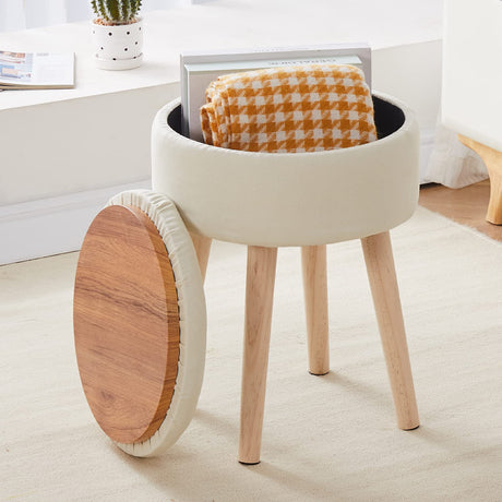 Mxfurhawa Storage Ottoman Linen Round Vanity Stool Tray Top Modern Foot Stool with Wood Legs Multifunctional Upholstered Foot Ottoman Rest for Living Room, Bathroom, Makeup (White) Mxfurhawa