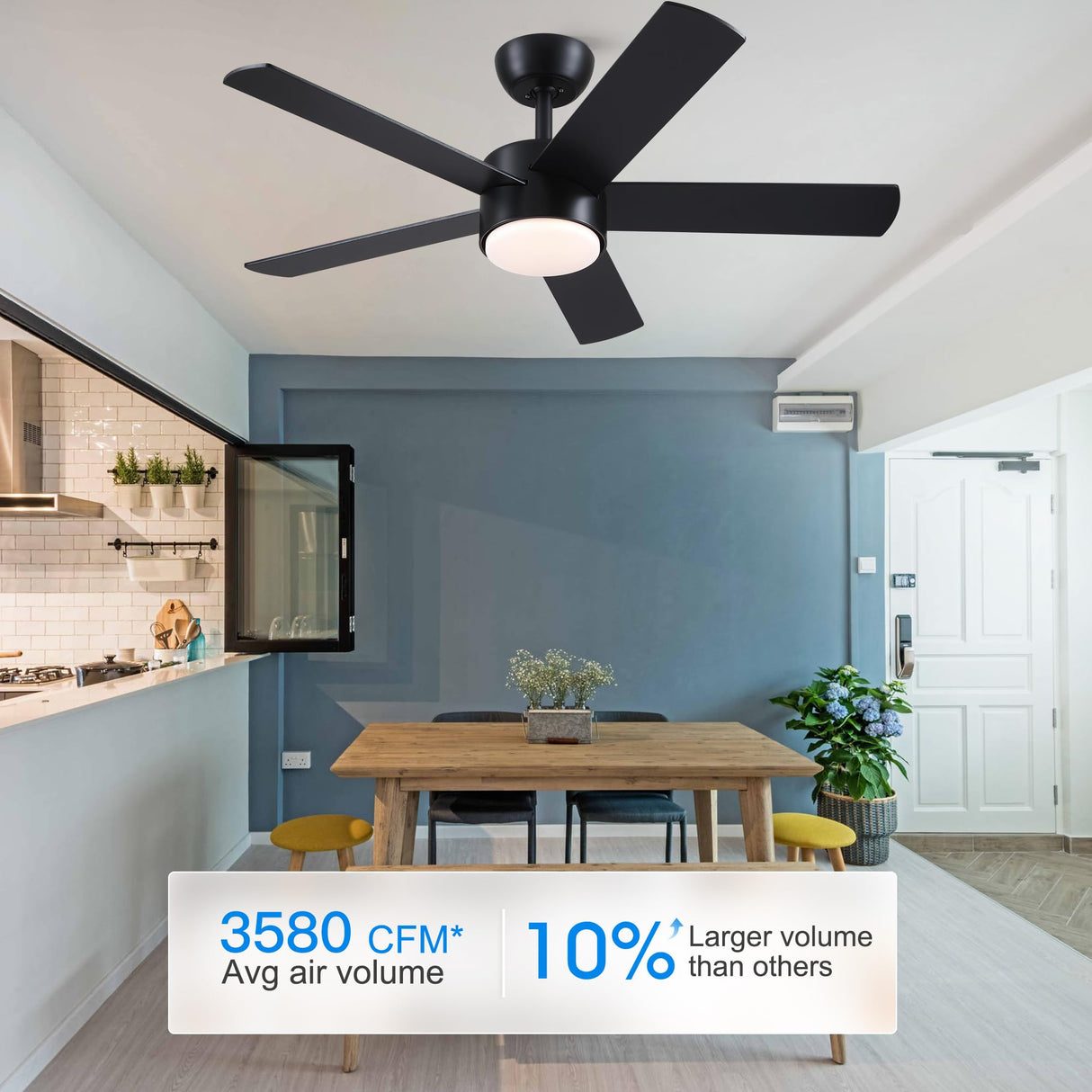 POCHFAN 42 inch Black Ceiling Fans with Lights and Remote Control, LED Ceiling Fan Dimmable 3-Color Temperatures 6-Speed, Quiet Modern Ceiling Fan for Bedroom, Living Room, Dining Room POCHFAN