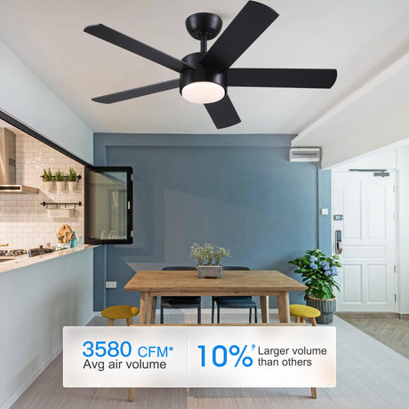 POCHFAN 42 inch Black Ceiling Fans with Lights and Remote Control, LED Ceiling Fan Dimmable 3-Color Temperatures 6-Speed, Quiet Modern Ceiling Fan for Bedroom, Living Room, Dining Room POCHFAN