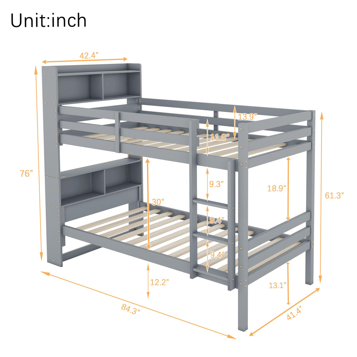 JIJIWANG Twin Over Twin Bunk Bed with Bookcase and Storage Solid Wood Bunk Beds Frame with Shelves, Convertible to 2 Beds, Grey JIJIWANG