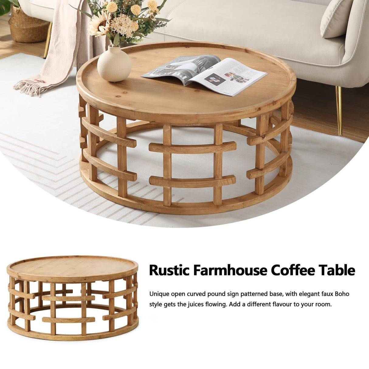 RUSTOWN Farmhouse Round Coffee Table, French Country Sofa Tables,Rustic Soild Wood Finish with Openwork Pattern and Curved Frame Base, Boho Handcrafted Wooden Coffee Table for Living Room, Natural RUSTOWN