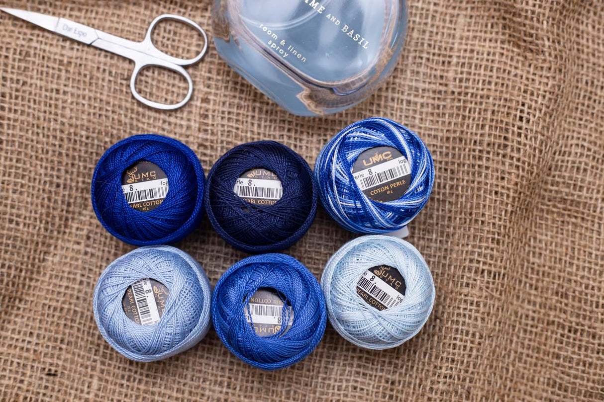 UMC STAG 6 Balls Premium Pearl Cotton Embroidery Thread Size 8 | 100% Egyptian Cotton Crochet Yarn | Cross Stitch Embroidery Yarn | Oeko TEX Certified | 10 Grams per Ball (Blue Tones) UMC STAG