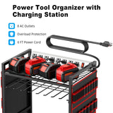 JUNNUJ Large Power Tool Organizer Cart with Charging Station, Garage Floor Standing Rolling Drill and Tools Battery Storage Cart on Wheels, Heavy Duty Utility Rack Shelf with 8 Outlet Power Strip, Red JUNNUJ