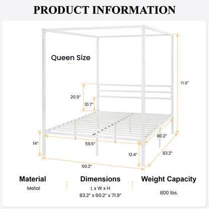 Queen Size Metal Canopy Bed Frame by SHA CERLIN - Sturdy, No Box Spring Needed, Easy Assembly, Customisable Design in White - WoodArtSupply