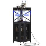 Lafnest Corner Bar Cabinet with Power Outlet and LED Light, Industrial Wine Cabinet with Glass Holder, 4-Tier Liquor Cabinet for Home, Farmhouse Home Bar for Liquor and Wine Storage, Black Lafnest
