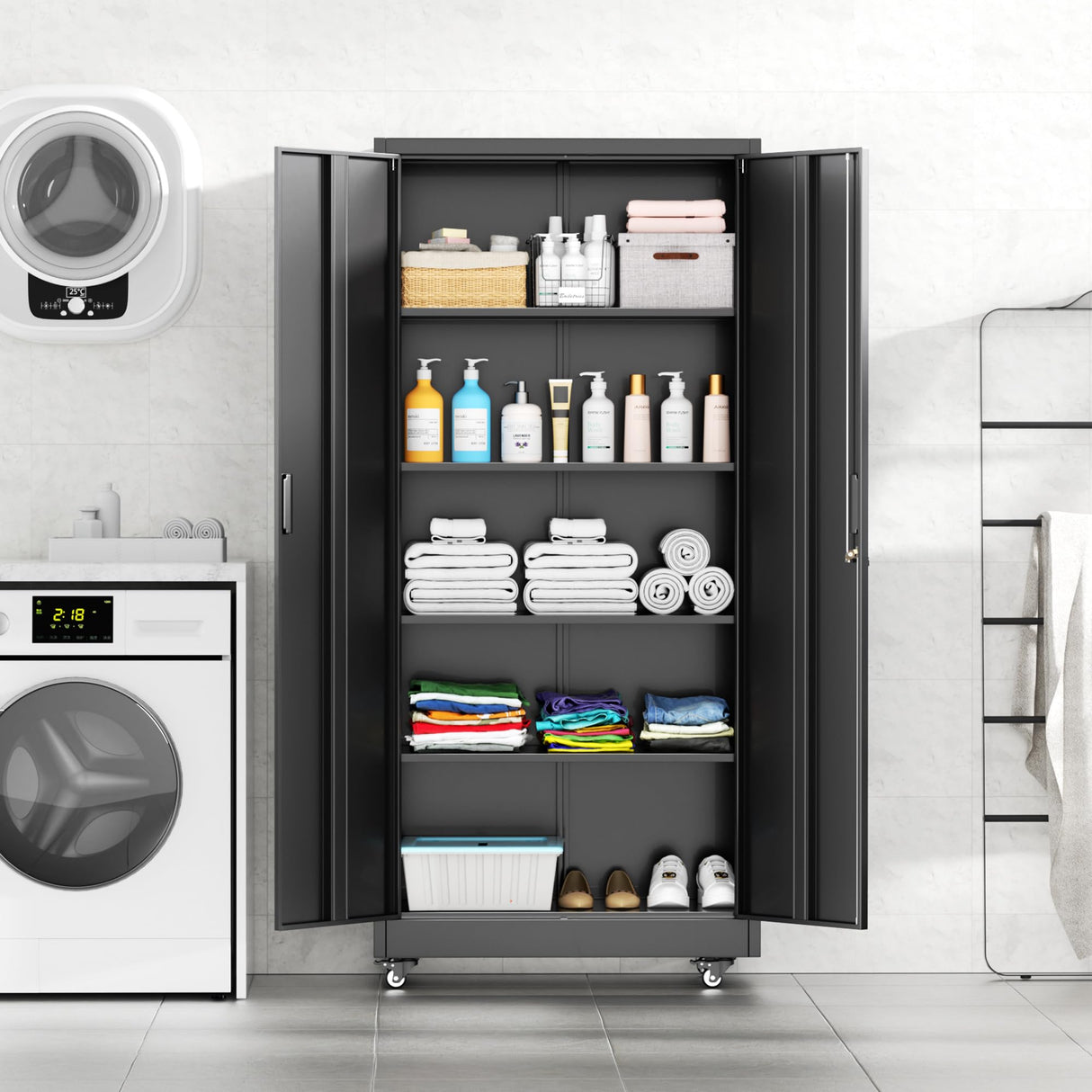 INTERGREAT Metal Garage Storage Cabinet with Wheels, 73" Tall Locking Cabinets with Doors and Shelves,Steel Lockable Cabinet on Wheels, Black Office Storage for Home/Garage INTERGREAT