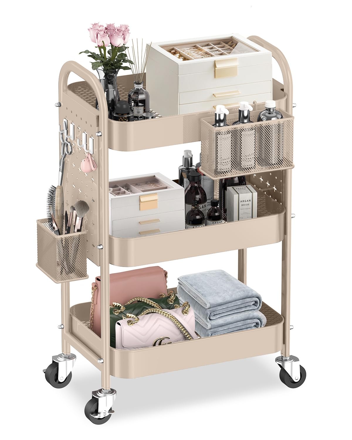 ALVOROG 3 Tier Rolling Cart with DIY Pegboards Metal Utility Cart with Wheels Handles Baskets Hooks, Craft Cart for Office Kitchen Bathroom(Khaki) ALVOROG