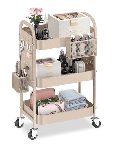 ALVOROG 3 Tier Rolling Cart with DIY Pegboards Metal Utility Cart with Wheels Handles Baskets Hooks, Craft Cart for Office Kitchen Bathroom(Khaki)