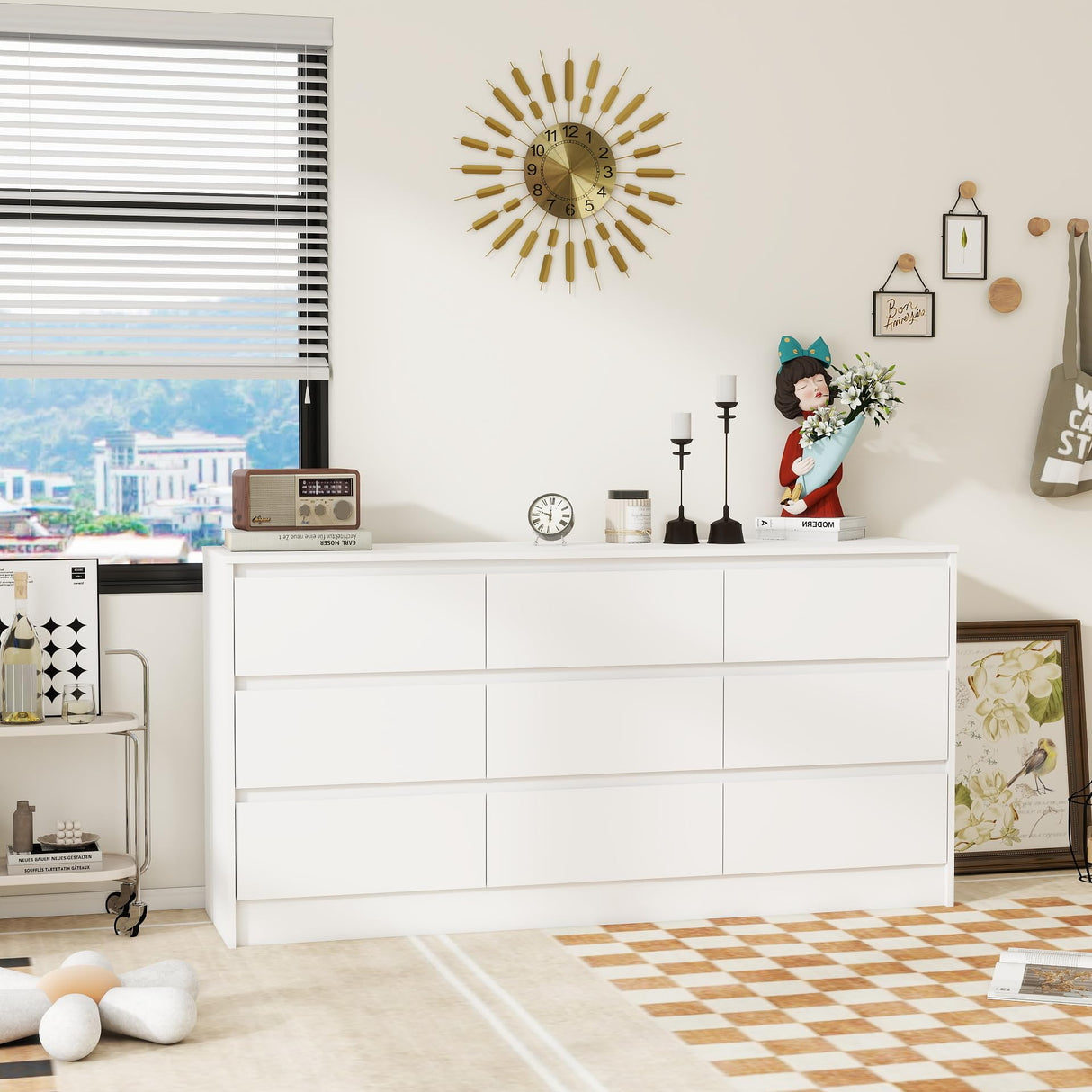 Panana Modern 9 Drawer Wood Dresser for Bedroom, Large Floor Storage Drawer Cabinet Lateral Chest of Drawers Handle Free Organizer for Closet Living Room (White, 9 Drawer) Panana