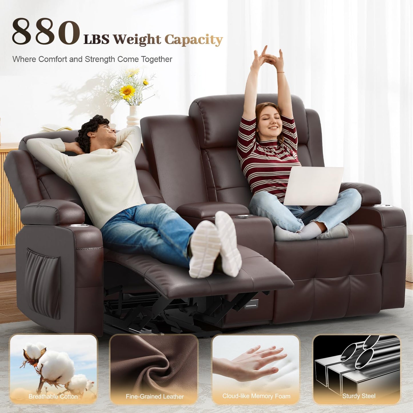 Recliner Sofa Sets, Massage Reclining Loveseat Sofa Heavy Weight Capacity, 1 Single Power Recliner Chairs Heat & Massage, RV Clearance Love Seat Couch with Console, USB, Type C Port for Living Room