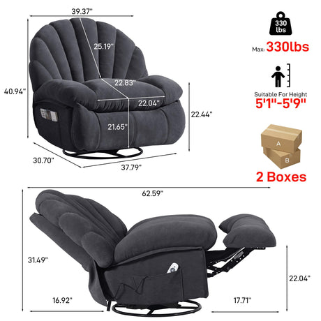 HOMYEDAMIC Recliner Chair Rocker Swivel, Comfortable Soft Fabric Shell Shape with Storage 360 Swivel Manual Big Tall Single Reclining Sofa for Adults Living Room Bedroom (NMH-Grey) HOMYEDAMIC