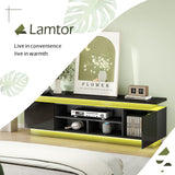 Lamtor 70 Inch TV-Stand - Television Stands for 75 80 85 Inch TV - 2 Tier Entertainment Center with 4 AC Outlets & 2 Smart RGB LED Light Strips - Media Console Table for Living Room, Pure Black Lamtor