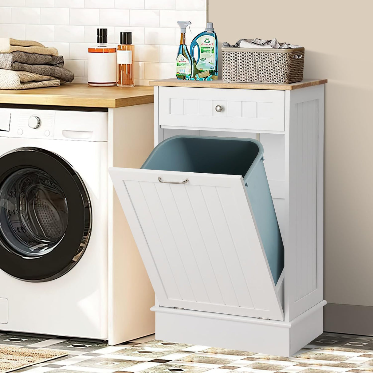 KIGOTY Tilt Out Trash Can Cabinet, Free Standing Kitchen Garbage Bin Holder with Hideaway Drawer and Countertop, Wooden Pet-Proof Recycling Trash Cabinet Laundry Hamper, White KIGOTY