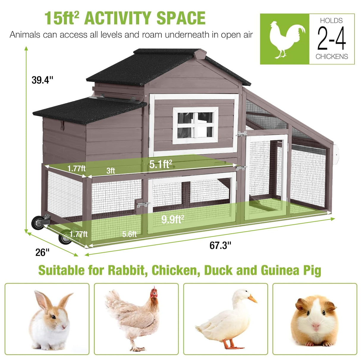 GUTINNEEN Chicken Coop Mobile Chicken House On Wheel Outdoor Rabbit Hutch for 2-4 Chickens 67"(Blown) GUTINNEEN