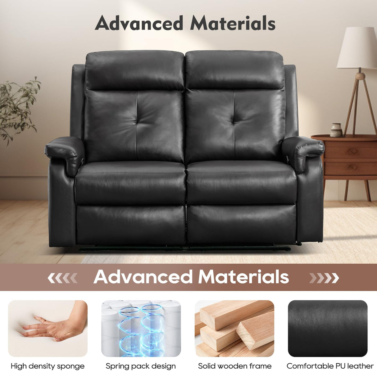 RIHEREFY PU Leather Reclining Loveseat with Heat and Massage, Double Loveseat Recliner with Side Pocket, Loveseat Recliner Sofa for Living Room, Home Theater, RV RIHEREFY