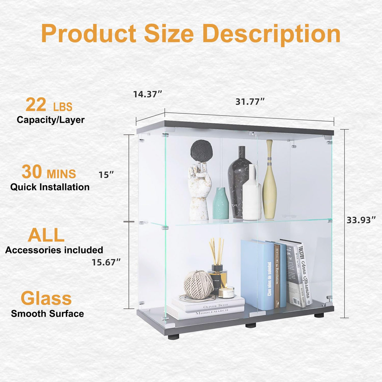 AUCARE Display Cabinet with Glass Doors, Glass Display Cabinet with Lock, 2-Tier Curio Cabinet&Bookcase for Collectibles, Toys, Books, Glass Storage Cabinet, 32" W x 34" H x 14" D AUCARE