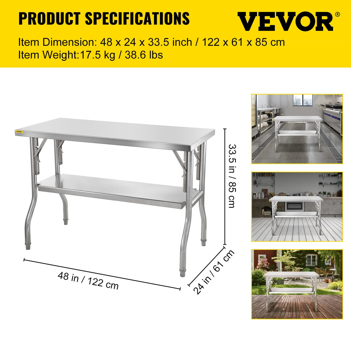 VEVOR Commercial Worktable Workstation 48 x 24 Inch Folding Commercial Prep Table, Heavy-duty Stainless Steel Folding Table with 772 lbs Load, Kitchen Work Table, Silver Stainless Steel Kitchen Island VEVOR