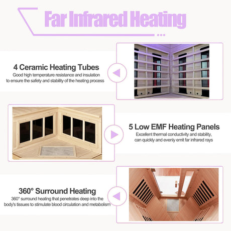 KUNSANA Ceramic Infrared Saunas for Home, 2-3 Person Infrared Sauna, Low EMF Indoor Sauna, Home Sauna, Hemlock Wooden Sauna Room with Bluetooth Speakers, Reading Lamps, Chromotherapy Lights KUNSANA