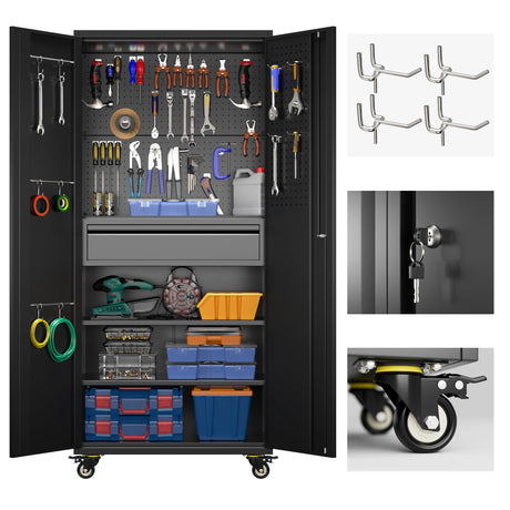 Reemoon 71" H Metal Garage Storage Cabinet with Wheels and Doors,Rolling Tool Storage Cabinet with Pegboard and Drawer for Garage Warehouse Home,Required Assembly,Black Reemoon