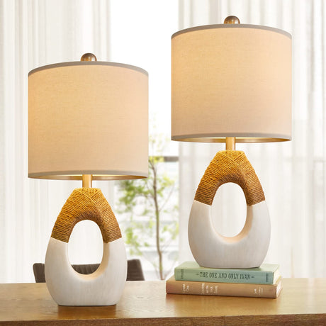 OYEARS Boho Table Lamps Bedroom Living Room Set 2 Small Farmhouse Rattan Table Lamp 19”Rustic Home Decoration Nightstand Bedside Lamp for Office Compatible with Smart Light Bulbs(Not Include Bulbs) OYEARS