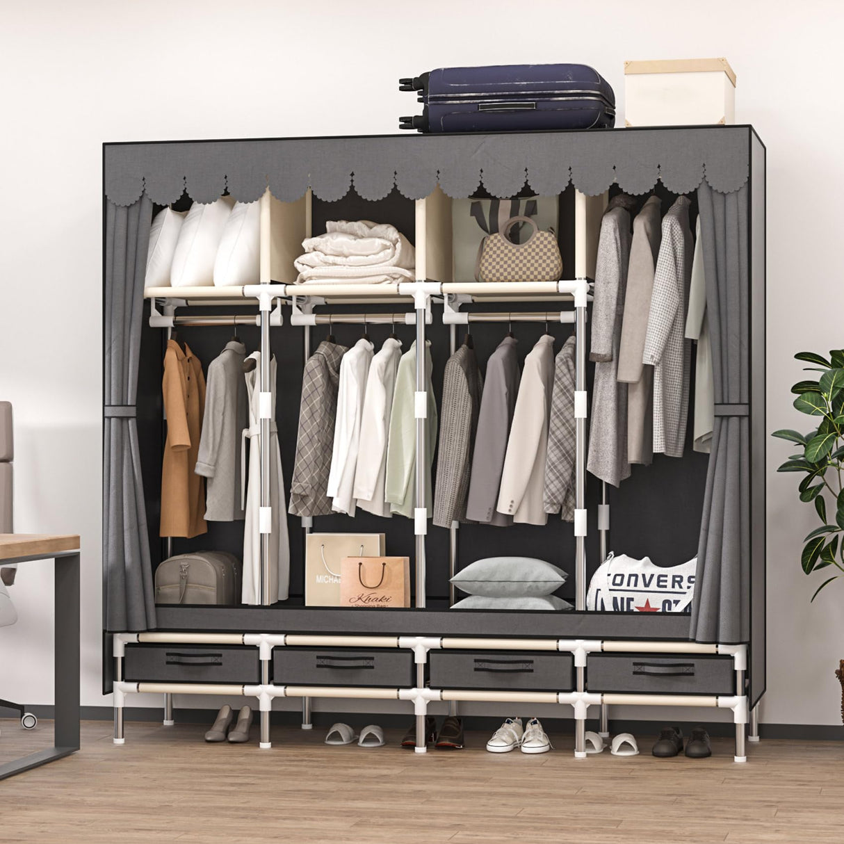 LEAIJIAFY Large Portable Armoire Wardrobe Closet with 4 Hanging Rods and Drawers,Gray Metal Storage Wardrobe Clothes Rack with Dust Cover for Hanging Clothes,67.7 in Width,Bedroom LEAIJIAFY