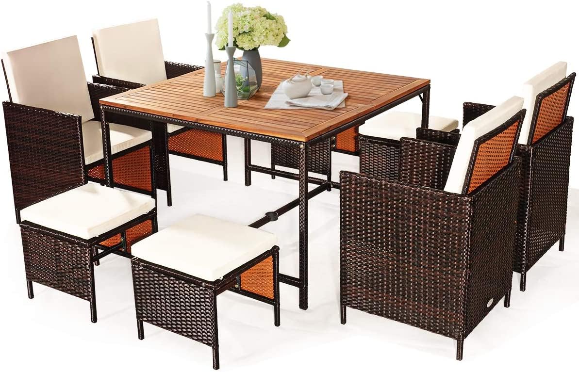 COSTWAY 9PCS Patio Rattan Dining Set Cushioned Chairs Ottoman Wood Table Top White COSTWAY