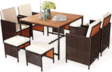 COSTWAY 9PCS Patio Rattan Dining Set Cushioned Chairs Ottoman Wood Table Top White COSTWAY