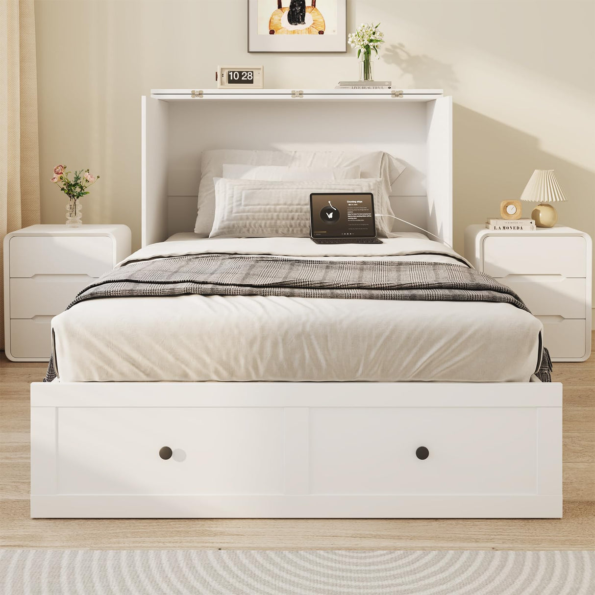 LIVAUVEAD Twin Murphy Bed with Built-in Charging Station, Space-Saving Murphy Bed Chest Twin with Drawer, Foldable, for Home Office Guest Room Bedroom White LIVAUVEAD