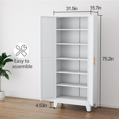 PAOFIN Kitchen Pantry Storage Cabinet with Doors and Adjustable Shelves, Metal ClosetMaid Food Pantry Cabinets, 75" Tall Freestanding Cupboard for Kitchen, Laundry or Utility Room, White - WoodArtSupply