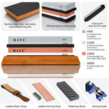Knife Sharpening Stone Set,4 Side Grit 400/1000 3000/8000 Water Stone,Whetstone Kit with Non-slip Bamboo Base,Flattening Stone,Angle Guide,Leather Strop,Polishing Compound and Honing Guide. HJYC