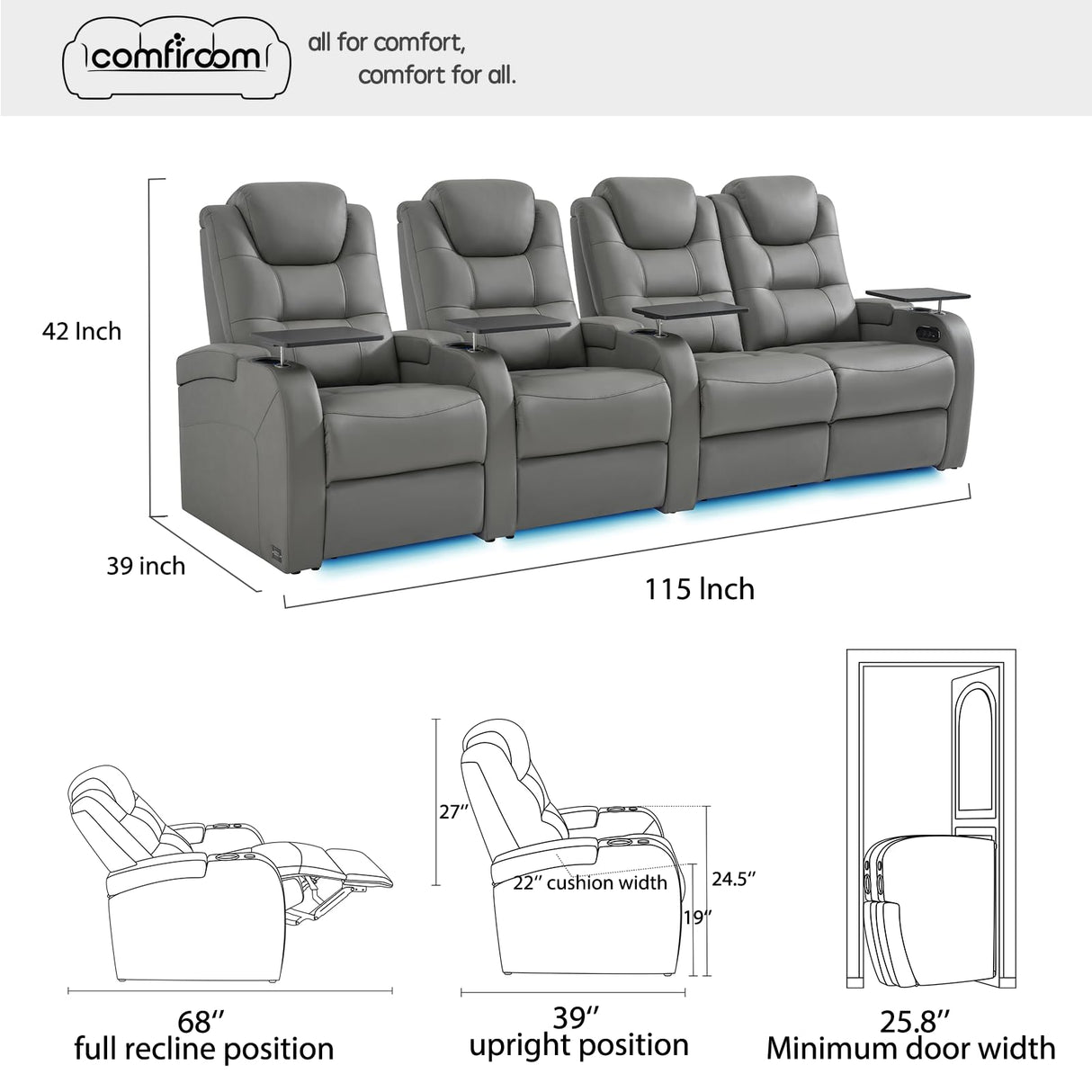 comfiroom Leather Home Theater Seating, Simple Style Dual Power Electric Headrest Game Seats Movie Theater Chairs Top Grain Leather Recliner Sofa (Grey, Row of 4 Loveseat Right) comfiroom