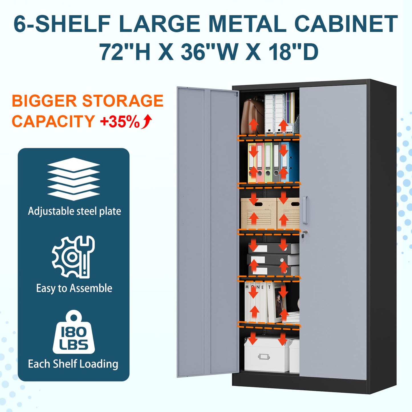 MIIIKO Metal Storage Cabinet with 6 Tier Shelves and Locking Doors, 72" x 36" x 18" Steel Garage Storage Cabinets for Home, Garage, Pantry Workshop Warehouse… - WoodArtSupply