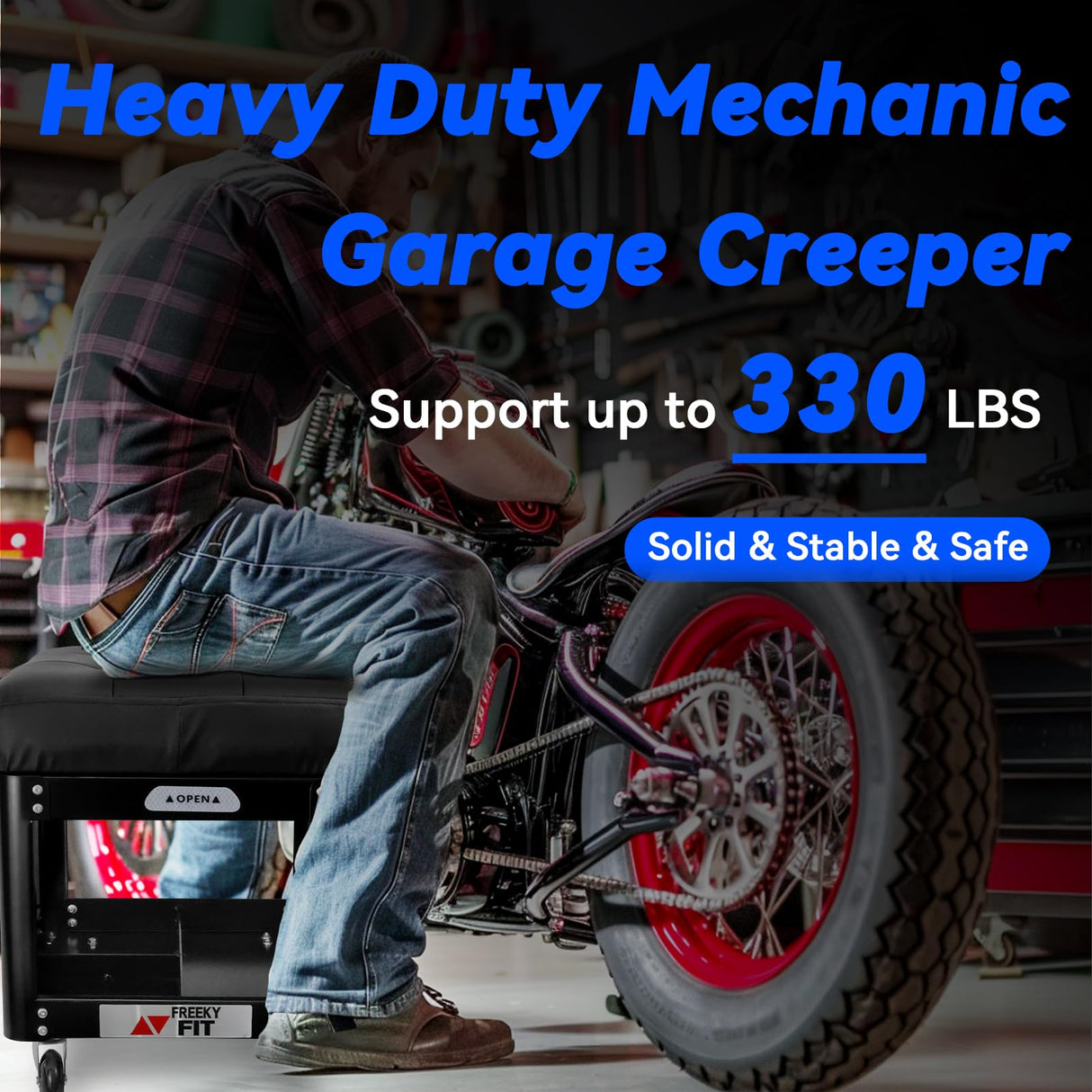 FreekyFit Rolling Creeper Garage/Shop Seat for Men, Padded Mechanics Stool with Tool Tray Storage for Garage, Rolling Workshop Stool with Wheels, Auto Creeper Seat, 330 LBS Capacity, Heavy Duty, Black FreekyFit