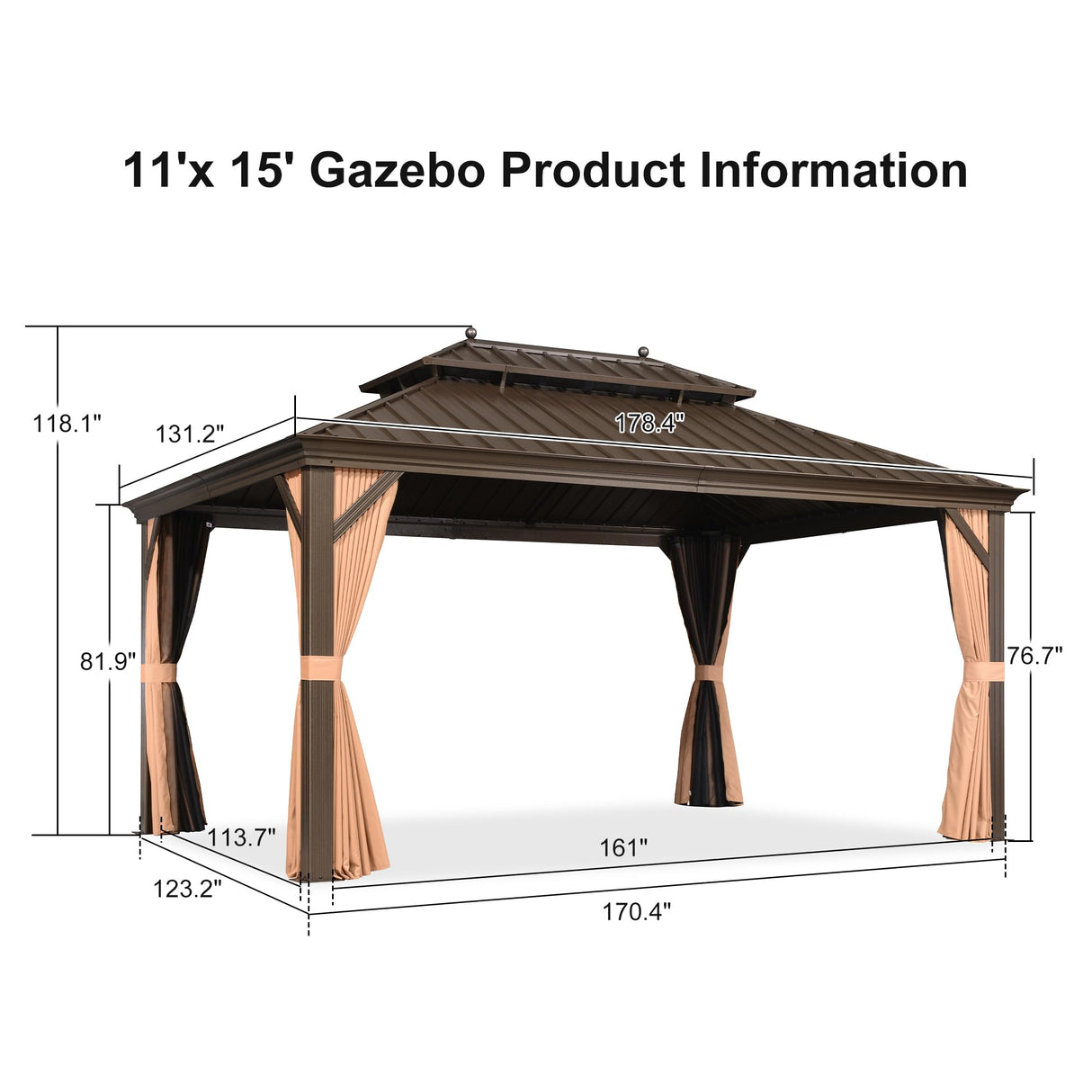 PURPLE LEAF 11' X 15' Outdoor Hardtop Gazebo Patio Wide Aluminum Frame Metal Double Roof with Heavy Duty Netting and Curtains for Permanent Hard Top Pavilion Screen, Khaki PURPLE LEAF