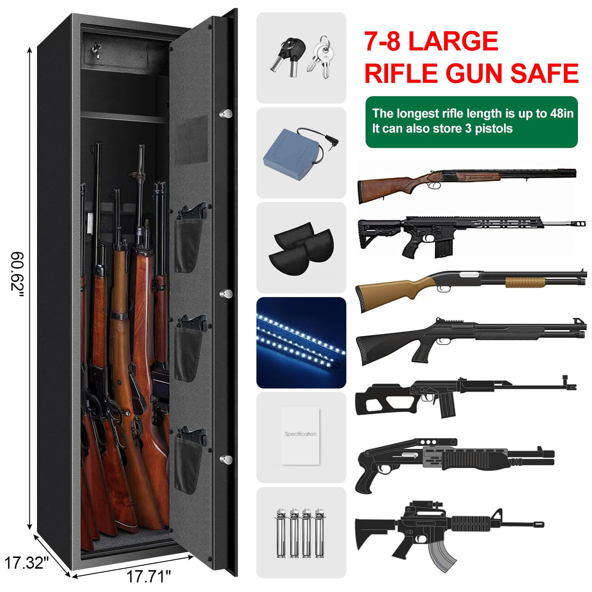 TOLEBLID [2025 New] 7-8 Fireproof Biometric Gun Safes for Home Rifle and Pistols, Heavy Duty Anti-Theft Long Gun Safes for Rifles and Shotguns with 3 Handgun Pocket, Removable Shelf, Silent Mode TOLEBLID