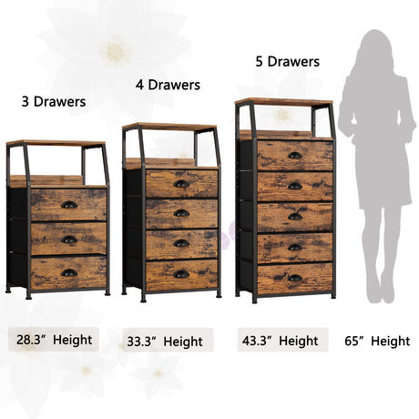 Furnulem Nightstand with 3 Drawers and 2-Tier Shelf, Fabric Small Dresser Organizer Vertical Storage Tower for Bedroom, Closet, Hallway, Nursery, End Table Side Furniture, Sturdy Steel Frame, Wood Top Furnulem