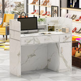 Homsee Modern Reception Desk with 3 Drawers, 1 Door Storage Cabinet & Hutch Shelf, Office Wooden Computer Desk, Writing Study Table PC Laptop Desk, White Marble (47.3" L x 18.3" W x 43.3" H) Homsee