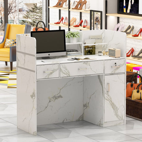 Homsee Modern Reception Desk with 3 Drawers, 1 Door Storage Cabinet & Hutch Shelf, Office Wooden Computer Desk, Writing Study Table PC Laptop Desk, White Marble (47.3" L x 18.3" W x 43.3" H) Homsee