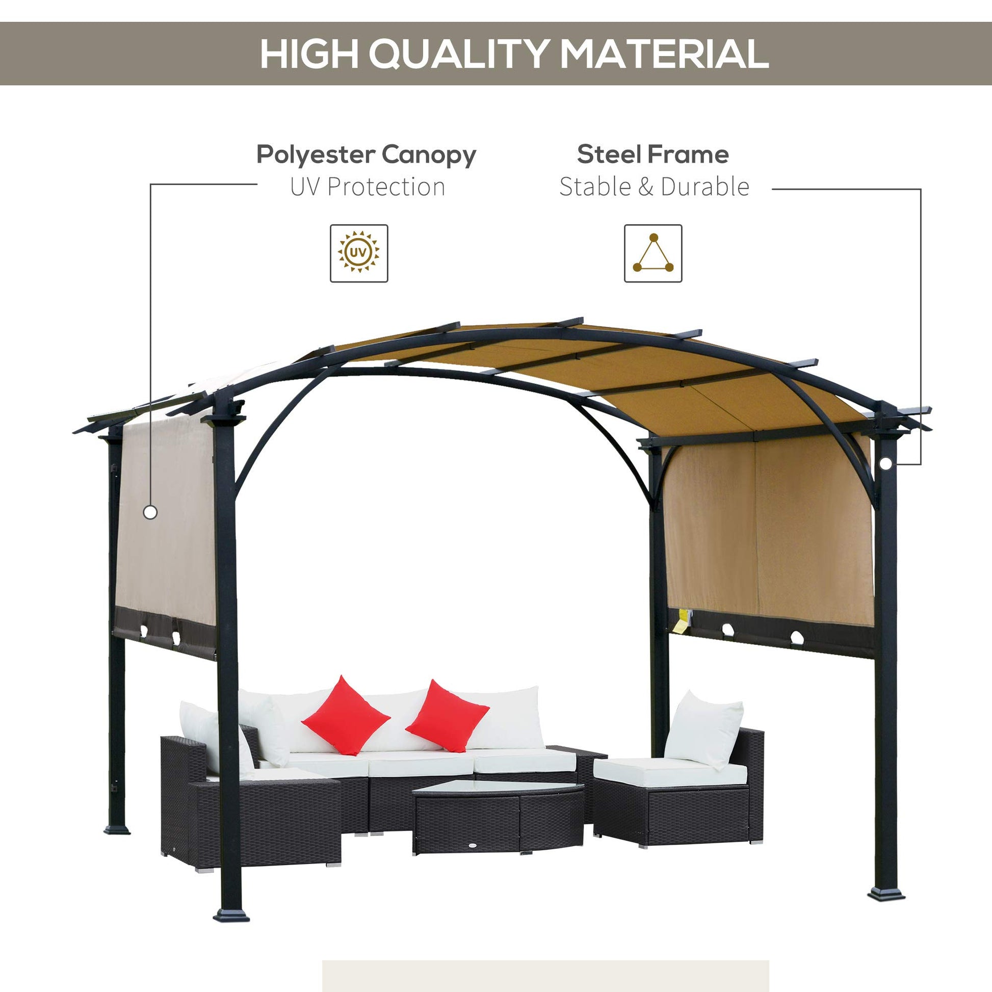 Outsunny 11' x 11' Outdoor Retractable Pergola Canopy, Arched Sun Shade Shelter, Metal Frame Patio Canopy for Backyard, Garden, Porch, Beach, Beige - WoodArtSupply