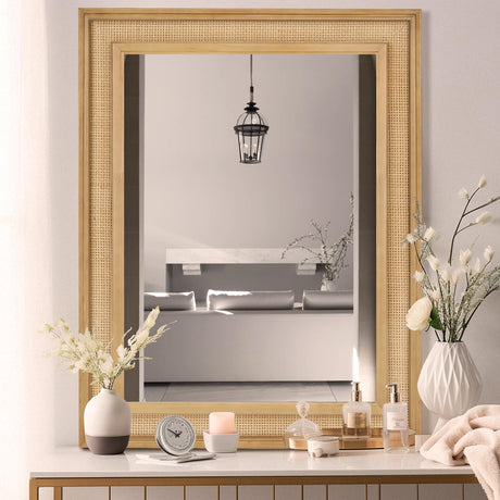 WallBeyond Rattan Wall Mirror Rectangle, 32 X 44 inch Rattan Mirror with Wooden Framed for Wall Decor Bathroom, Living Room, Entryway, Farmhouse, Bedroom WallBeyond