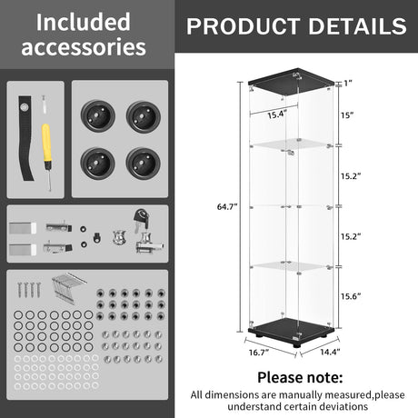 LFT HUIMEI2Y Glass Display Cabinet 4-Shelf with Door and Lock, Curio Cabinets Upgraded Quick-Install Style Tempered Glass Floor Standing Bookshelf for Bedroom, Living Room 65”x 17”x 14” Black LFT HUIMEI2Y