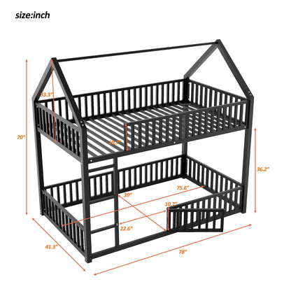 RuiSiSi Twin Over Twin Metal Bunk Bed, House Bunk Bed with Safety Guardrails and Roof Design for Kids, Twin Floor Bunk Beds for Bedroom, Space Saving, No Box Spring Needed, Black