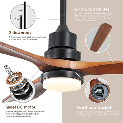 60" Wood Ceiling Fan with Lights and Remote - Outdoor Ceiling Fan for Covered Patios with 3 Walnut Wood Blades, Modern Farmhouse Ceiling Fan Light Fixture for Indoor/Outdoor