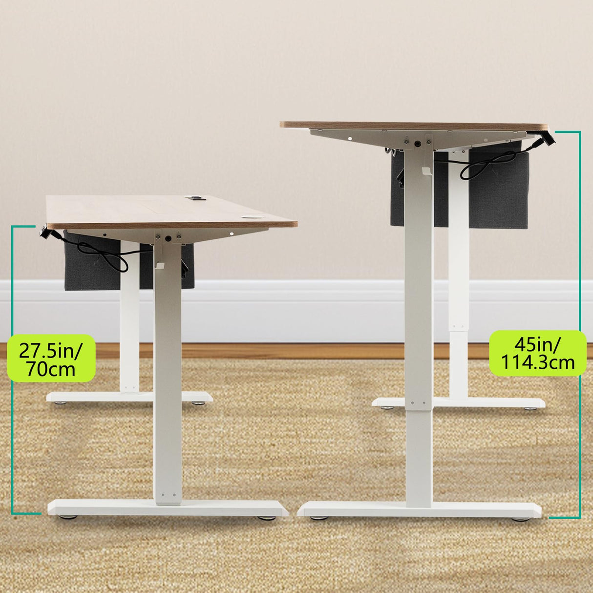PORIYA 55x24 Inch Electric Height Adjustable Standing Desk with Cable Management, Acceptable 220V,Splice Board, Mouse Pad, 2-Outlet Power Strip with USB 20W Charger, and Casters（White Frame&Log Top） PORIYA