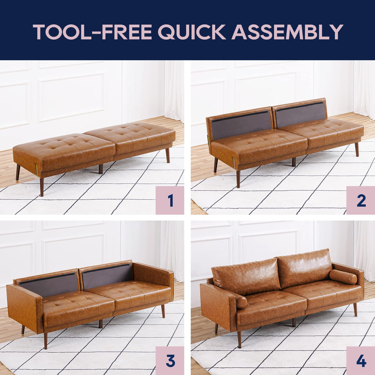 Vonanda Faux Leather Sofa Couch, Mid-Century 73 Inch 3 Seater Leather Couch with Hand-Stitched Comfort Cushion and Bolster Pillows for Living Room,Elegant Cognac Tan Vonanda