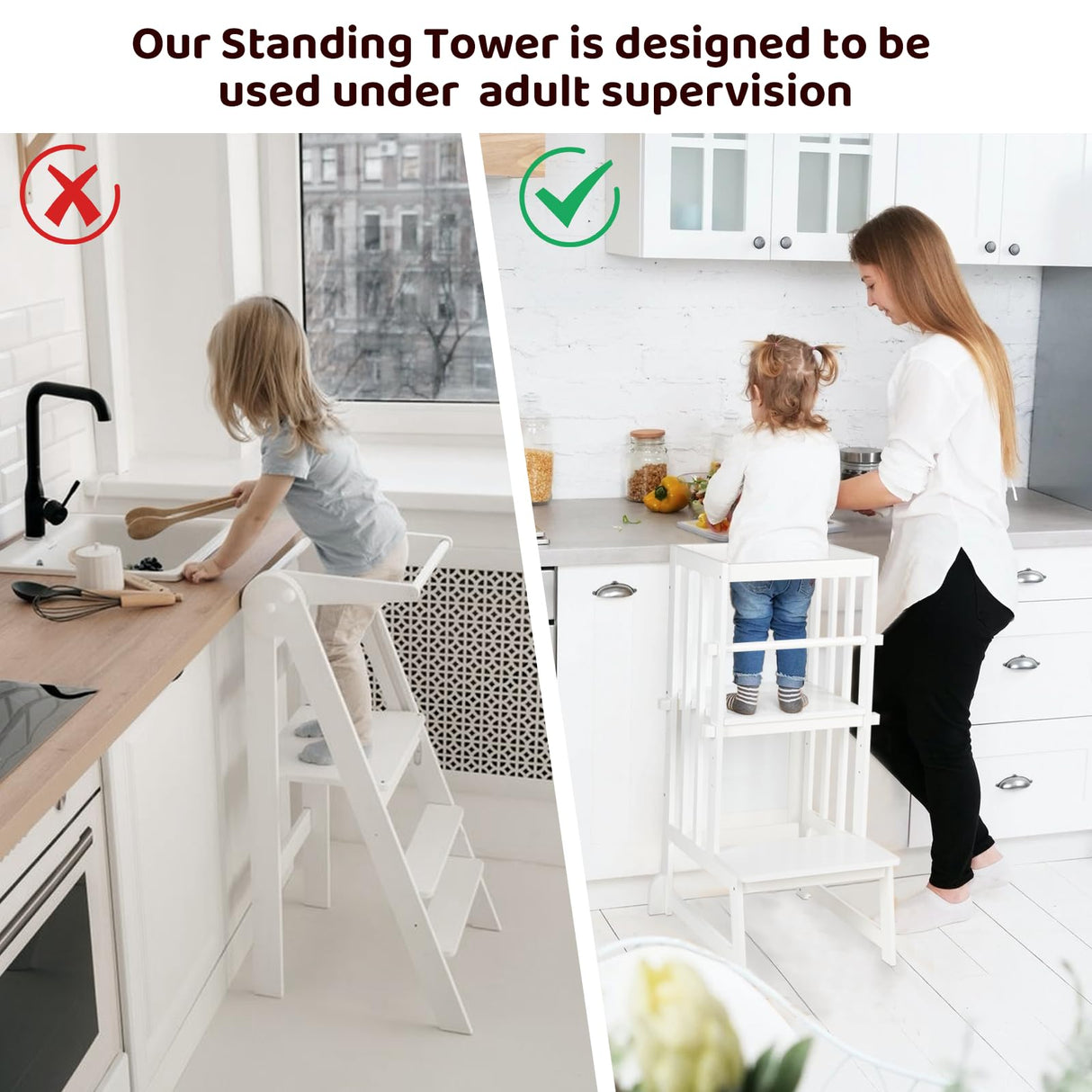 3 Height Adjustable Kids Step Stool, A-Shaped Structure Kids Standing Tower, Wooden Toddler Tower, Kids Standing Tower Aged 18-36 Months,with Safe Fences,Anti-Slip Pads Suit in Kitchen/Bathroom,White KIDINIX